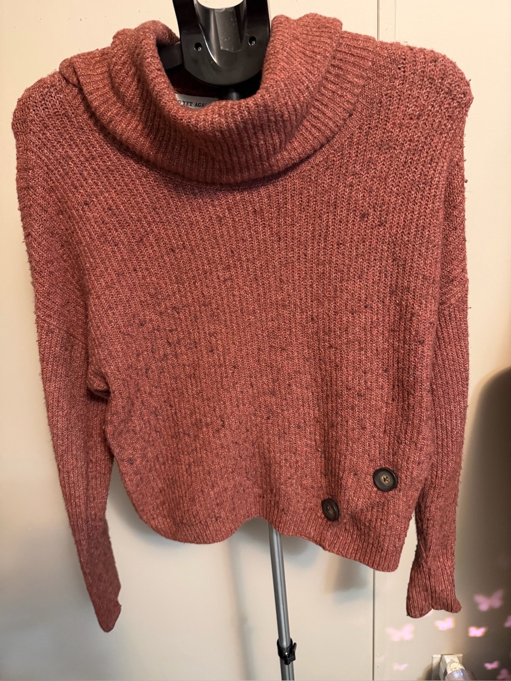 Yet Again Muted Rust Pink Cowl Neck Button Detail Knit Sweater Medium